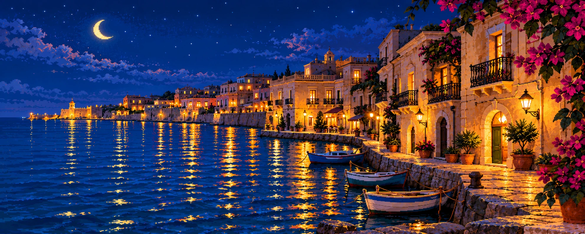 Ortigia di notte in pixel art: finestre illuminate, barche e riflessi dorati sul mare sotto una luna sottile.